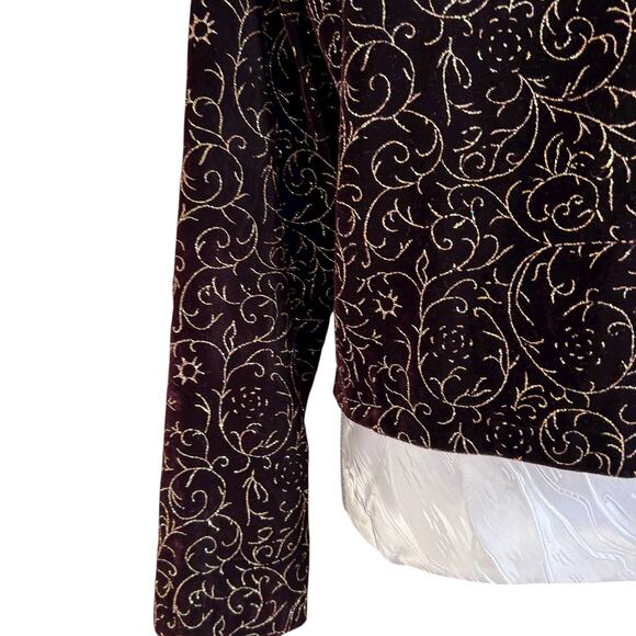 Vintage Maroon Velour Gold Glitter Jacket Women Sz Medium 90s Sparkle Christmas - Picture 13 of 16